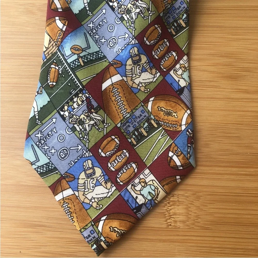 Nicole Miller Football Tie Black Silk Mens Red Blue Brown Necktie Vintage 90s